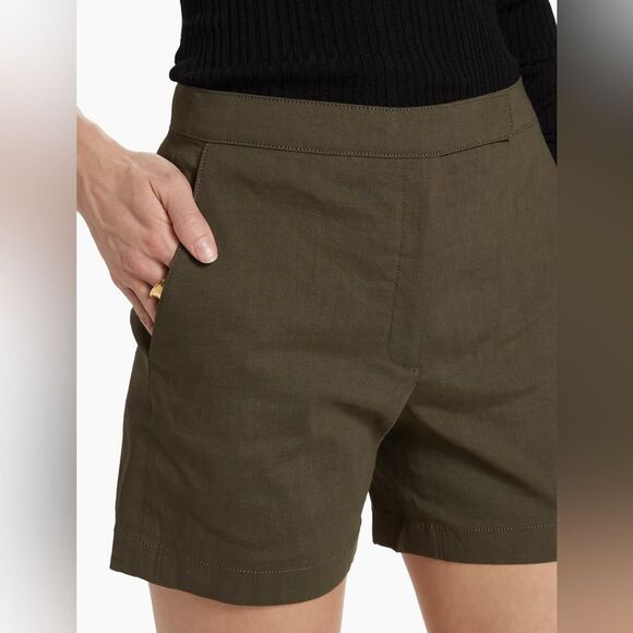 THEORY NWT Linen-Blend Shorts in Dark Olive Size 12 - Picture 1 of 7